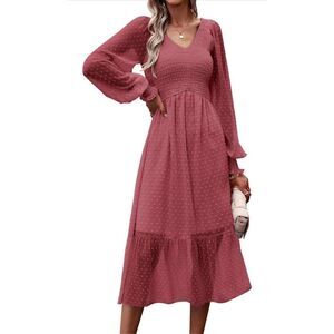 NEW Swiss Dot Empire Waist Chiffon Ruffle Smocked Midi Dress L